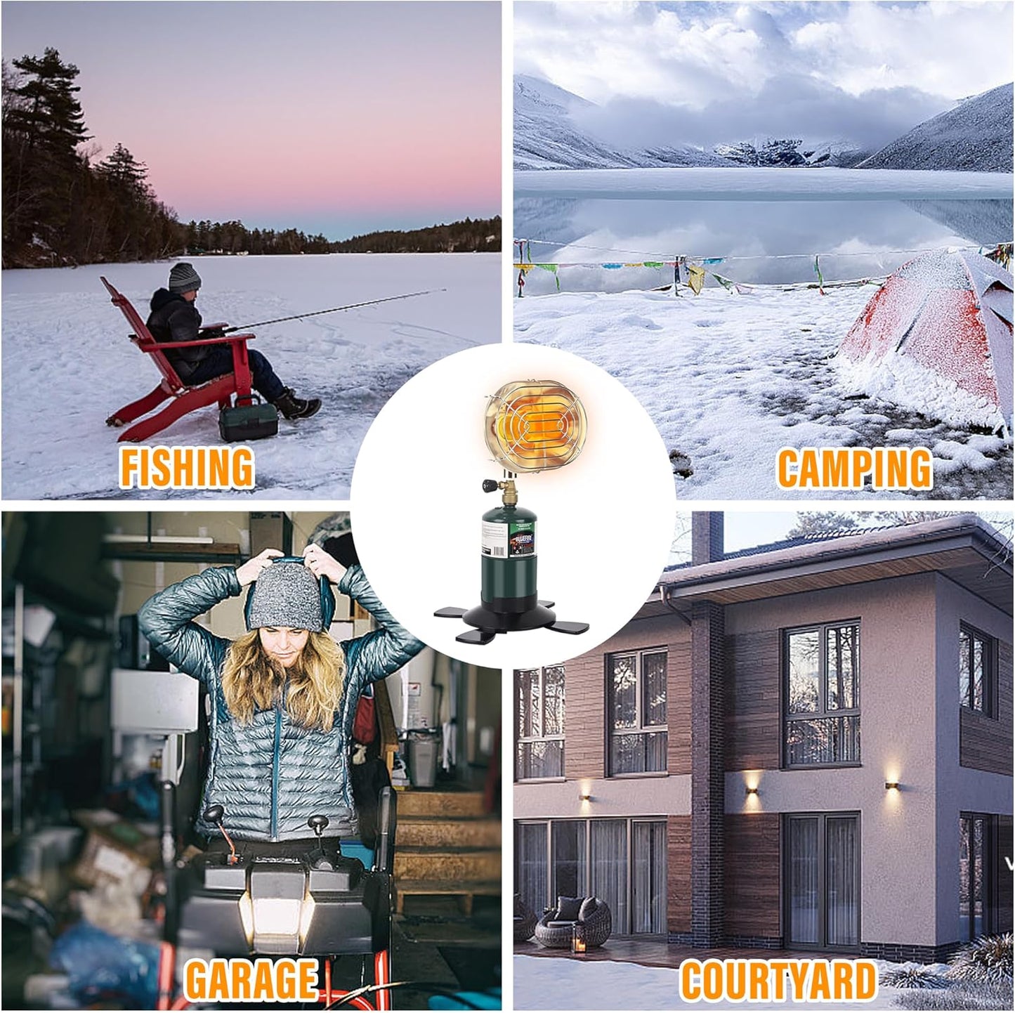Portable Heater Double Burner Camping Outdoor Space Propane Power Heater with Control Valve Patio Heater Cordless 1lb Small Propane Tank Holder Tent Fishing Garage indoor (Fuel not included)