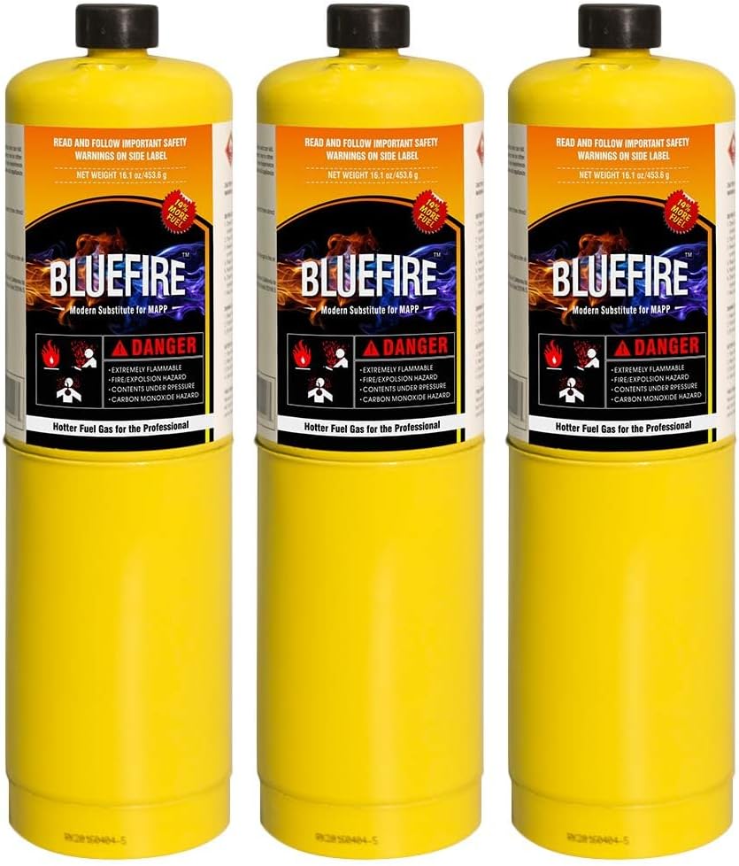 BLUEFIRE MAP MAPP Gas Torch Style Cylinder 14.1 oz 99.9% High Purity Propylene Equal To MAP-PRO Hotter than Propane Cooking MAP Gas to Broil Sous for Welding Brazing on Propane Torch (2, 3, 4 or 12 pack)