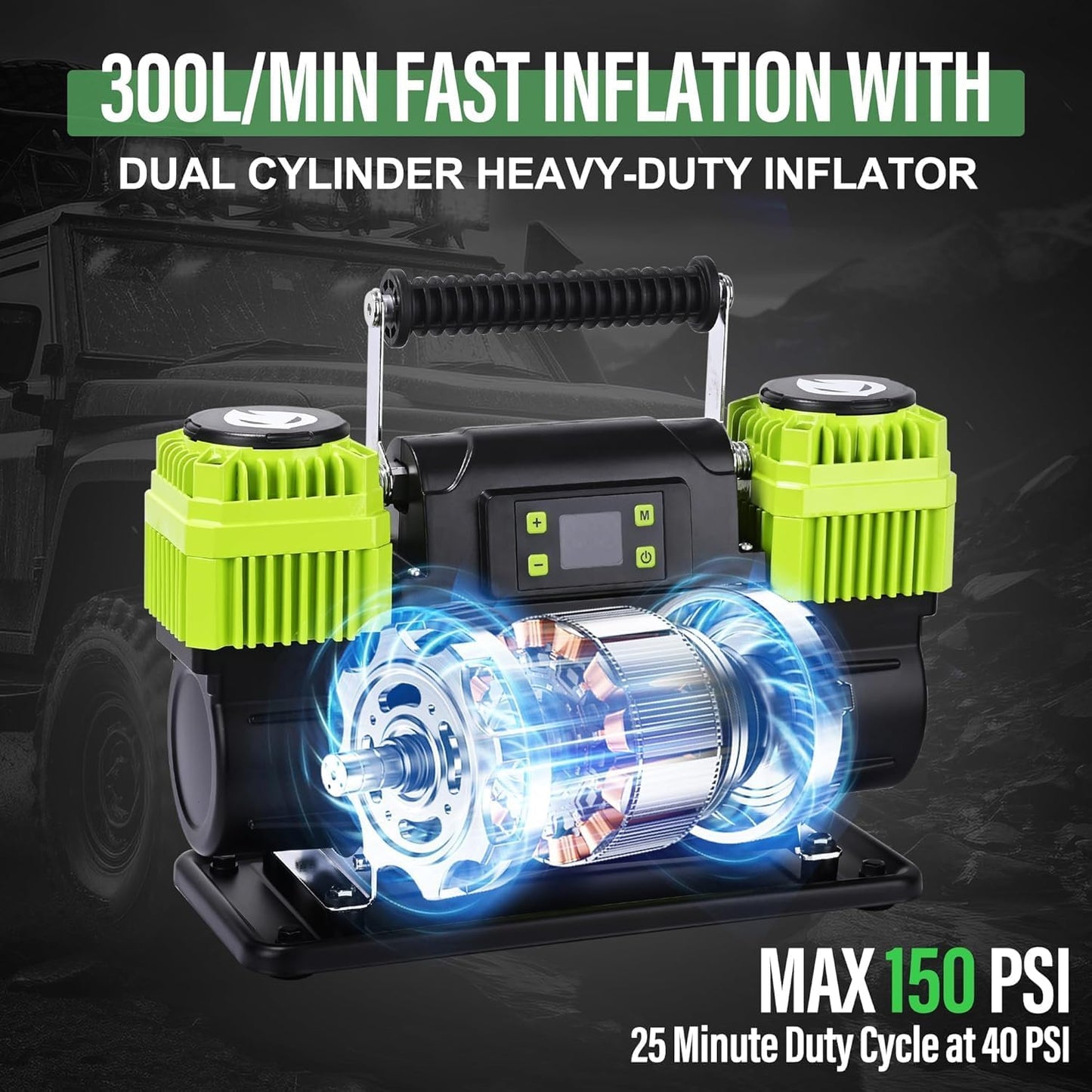 Portable Air Compressor 12V Dual Cylinder Portable Inflator 12.3 CFM with Digital Pressure Gauge, Auto Stop, Preset Target, and OffRoad Capability - Fast Inflation for Car, Truck, and SUV Tires