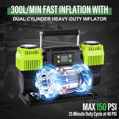 Portable Air Compressor 12V Dual Cylinder Portable Inflator 12.3 CFM with Digital Pressure Gauge, Auto Stop, Preset Target, and OffRoad Capability - Fast Inflation for Car, Truck, and SUV Tires