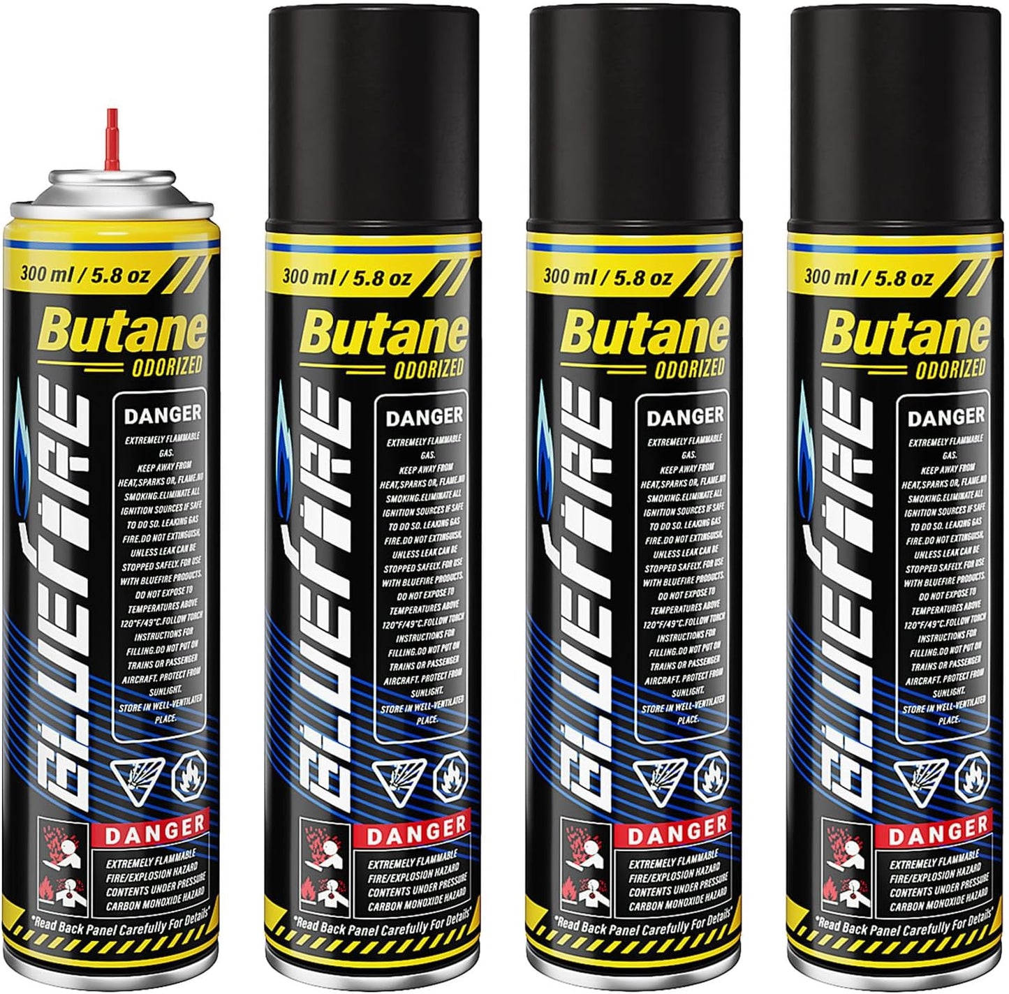 Bluefire Butane Fuel Refill 10.56 fl oz (300 ml) Canister with 5 Different Nozzle Adapters for Torch Lighter Butane Torch Kitchen Blow Torch