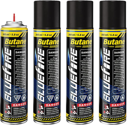 Bluefire Butane Fuel Refill 10.56 fl oz (300 ml) Canister with 5 Different Nozzle Adapters for Torch Lighter Butane Torch Kitchen Blow Torch