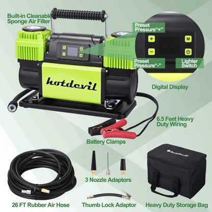 Portable Air Compressor 12V Dual Cylinder Portable Inflator 12.3 CFM with Digital Pressure Gauge, Auto Stop, Preset Target, and OffRoad Capability - Fast Inflation for Car, Truck, and SUV Tires